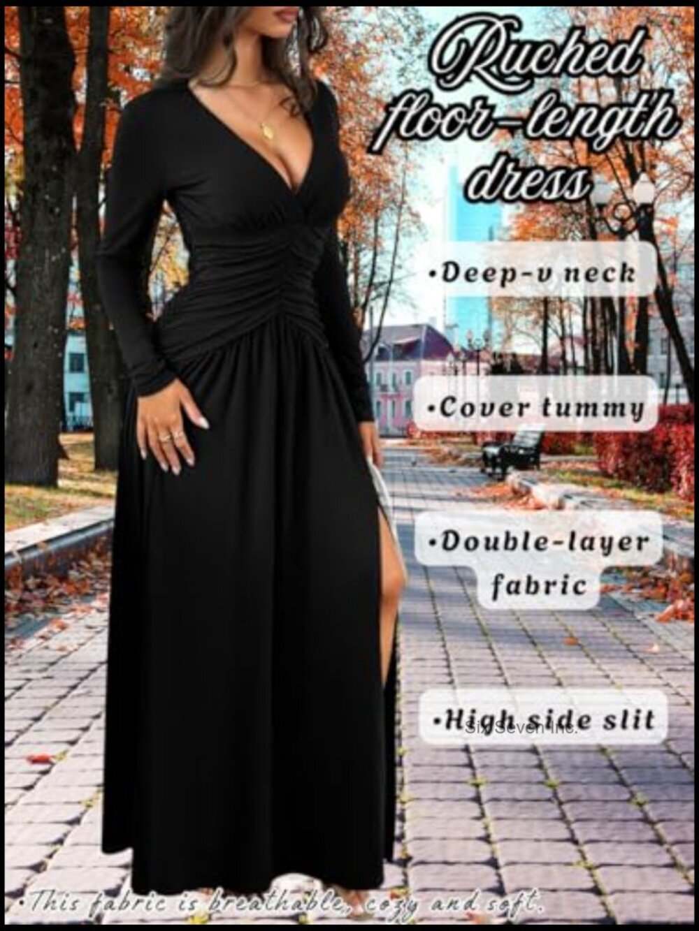 Long Sleeve Formal Dress, Deep V Neck High Slit Ruched Maxi Dress for Women - Picture 4 of 7